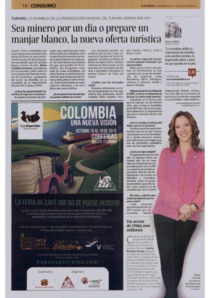 Nuevos productos de la oferta turística colombiana, entrevista con La República, 14 de septiembre de 2015